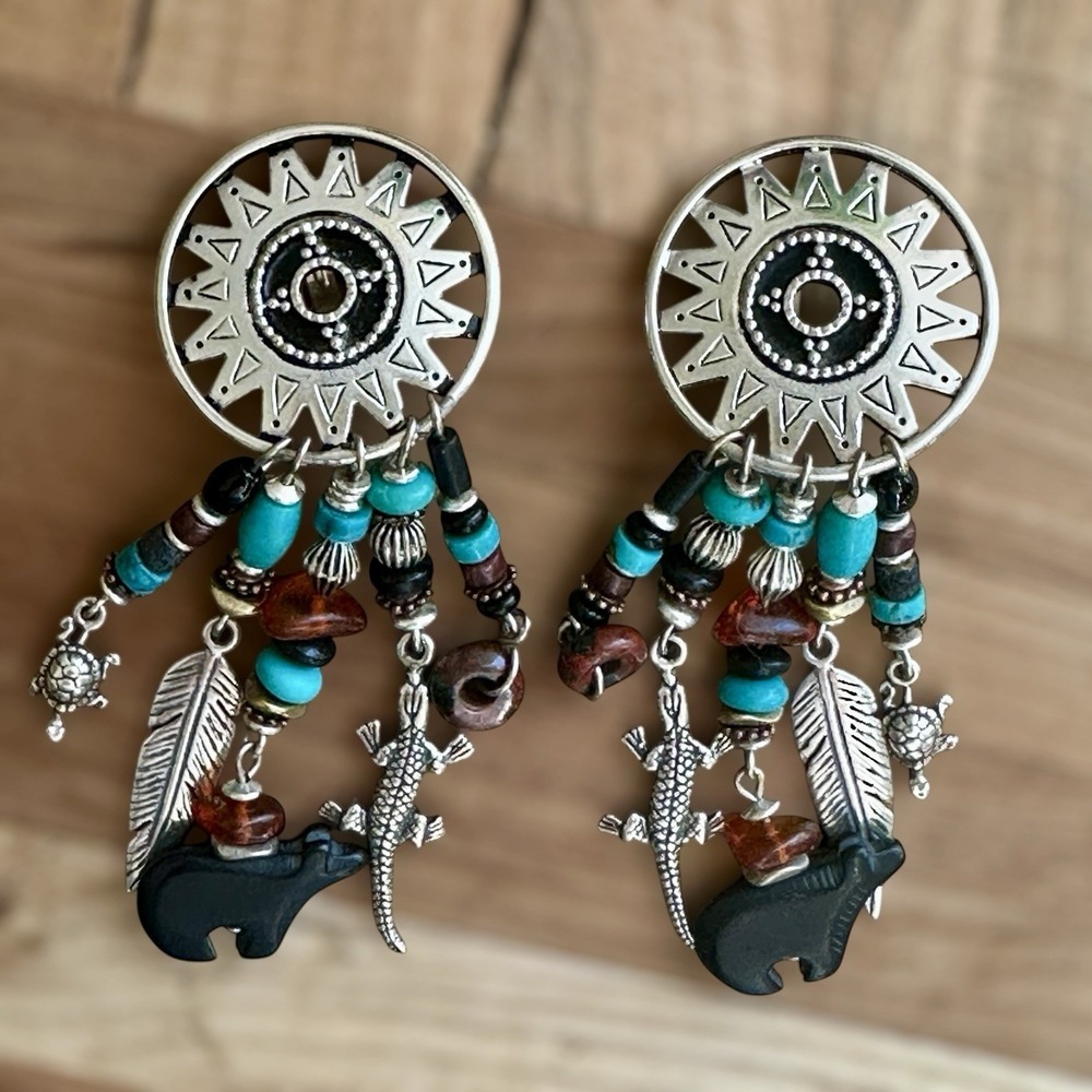 Zuni Artisan Zia Concho Earrings 3 Inch Turquoise Bear Fetish Sterling 34.1g